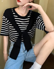 White And Black Striped T-shirt With Shawl