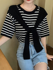 White And Black Striped T-shirt With Shawl