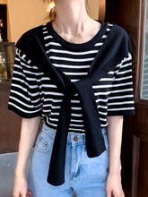 White And Black Striped T-shirt With Shawl