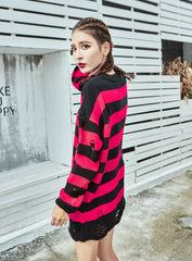 Red And Black Ripped Striped Sweater