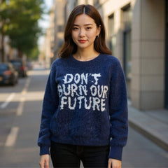Blue “Don't Burn Our Futureâ€?Knit Sweater