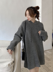 Grey Hooded Ribbed Sweater Dress