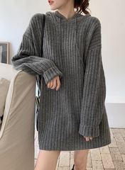 Grey Hooded Ribbed Sweater Dress