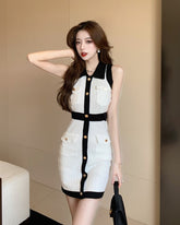 White Collared Knit Dress With Button Accents