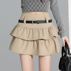Khaki Brown Tiered Ruffles Mini Skirt