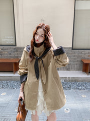 Khaki Casual Hooded Mid Length Loose Fit Trench