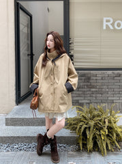 Khaki Casual Hooded Mid Length Loose Fit Trench