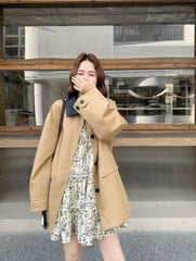 Khaki Plaid Patchwork Pu Leather Trench Coat