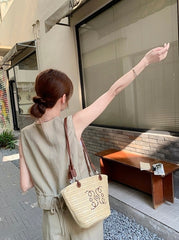Khaki Relaxed Fit Suit Vest And Wide Leg Pants Set