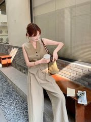 Khaki Relaxed Fit Suit Vest And Wide Leg Pants Set