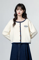 Beige Knit Cardigan With Embroided Logo