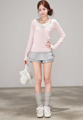 Korean Polka Dot Faux Two Piece High Waist Shorts Skirt