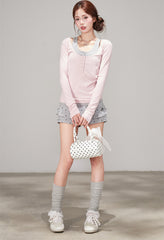 Korean Polka Dot Faux Two Piece High Waist Shorts Skirt