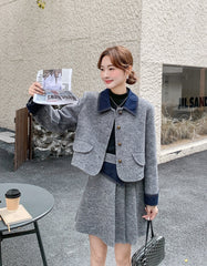 Korean Preppy Collared Coat And Pleated Skirt Set