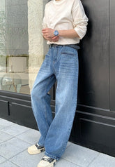 Korean Style Blue Washed Wide Leg Jeans