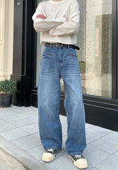 Korean Style Blue Washed Wide Leg Jeans