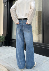 Korean Style Blue Washed Wide Leg Jeans