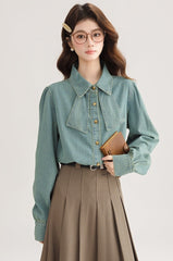 Korean Style Bow Puff Sleeve Denim Shirt