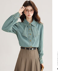 Korean Style Bow Puff Sleeve Denim Shirt