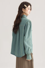 Korean Style Bow Puff Sleeve Denim Shirt