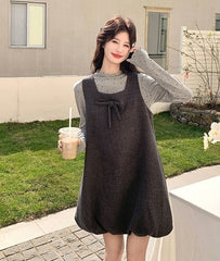 Korean Style Grey Casual Vest Dress Layering Set