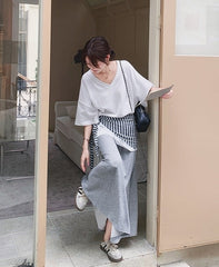 Korean Style Striped Cardigan Set With Skirt