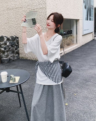 Korean Style Striped Cardigan Set With Skirt