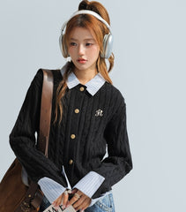 Korean Style Striped Layered Cable Knit Cardigan