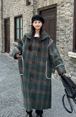 Korean Vintage Plaid Hooded Long Winter Coat