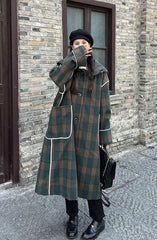 Korean Vintage Plaid Hooded Long Winter Coat
