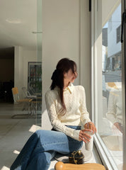 Beige Knit Sweater With Shirt Collar