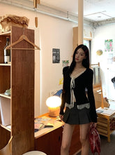 Lace Knit Cardigan Sweater With Layered Design
