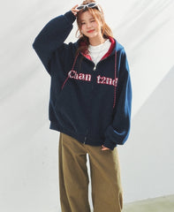 Lace Letter Patch Embroidered Relaxed Cardigan Sweater