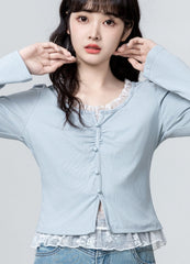 Lace Patchwork Ruched Long Sleeve Blue Top