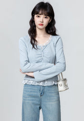Lace Patchwork Ruched Long Sleeve Blue Top