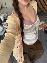 Lace Striped Purple Sleeveless Tank Top