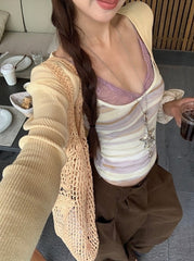Lace Striped Purple Sleeveless Tank Top