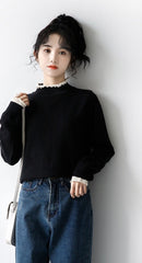 Lace Trim Black Turtleneck Sweater