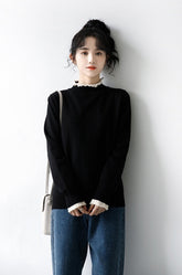 Lace Trim Black Turtleneck Sweater