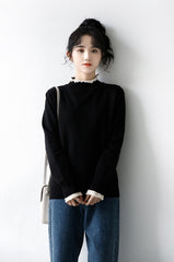 Lace Trim Black Turtleneck Sweater