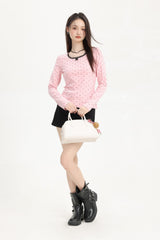 Pink Lace Trim Polka Dot Long Sleeve Tee
