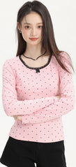 Pink Lace Trim Polka Dot Long Sleeve Tee