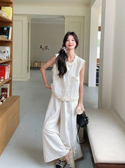 Lace Trim Vest And Wide Leg Pants Set