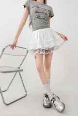 Lace Trim White Ballet Style High Waist Skater Skirt