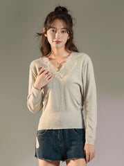 Lace Vneck Knit Sweater