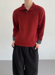 Lazy Layered Stand Collar Red Knit Sweater Jacket