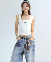 Letter Embroidered Slim Fit Sleeveless Tank Top