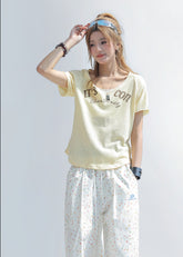Letter Print V Neck Short Sleeve Top