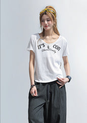 Letter Print V Neck Short Sleeve Top