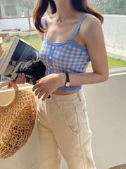 Blue Gingham Sleeveless Crop Top